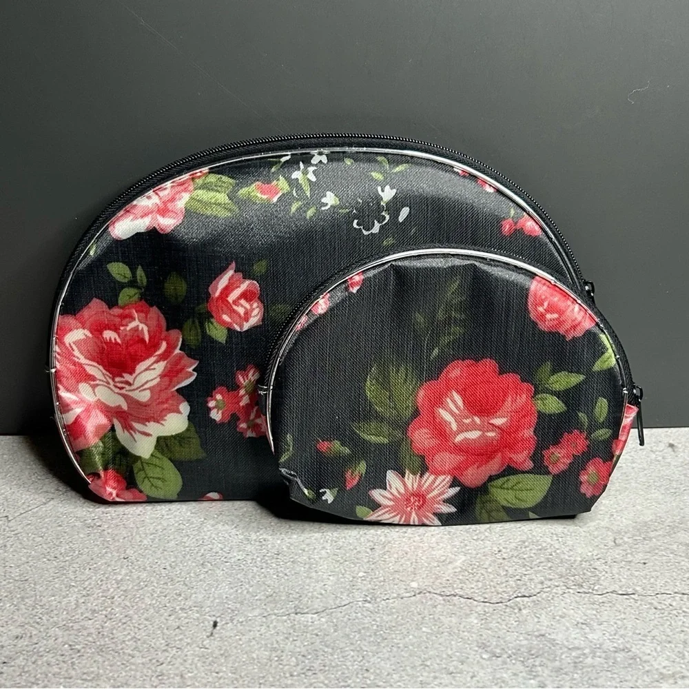 Floral Black Cosmetic Bag Pouch Set